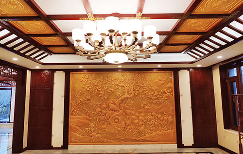 通化中式别墅客厅中式木作横梁吊顶装饰展示